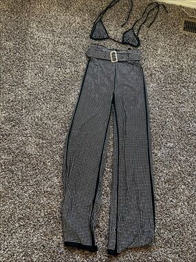 High-Waist Wide-Leg Black Patterned Pants with Belt